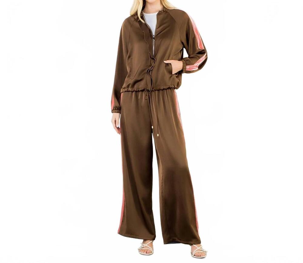 NEW THML ruffled zip up track jacket in chocolate brown